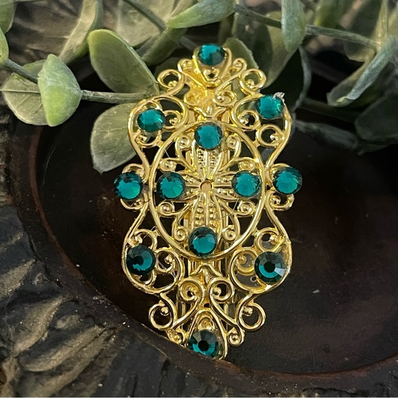 Teal Crystal gold tone style hair barrette clip approx 2.5” accessory - Picture 2 of 3